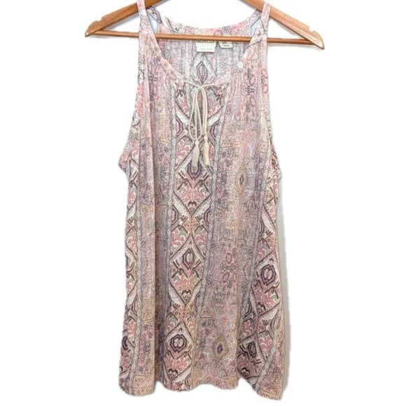 Rachel Zoe | 100% Linen Tassel Tank Top Pink & Beige Motif | Size Medium - Picture 7 of 11